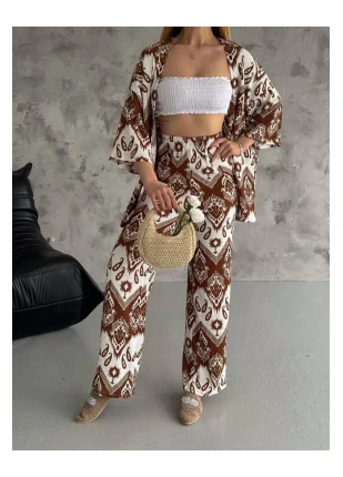 Desenli Likralı Bürümcük Kumaş  Yazlık Kimono Takım