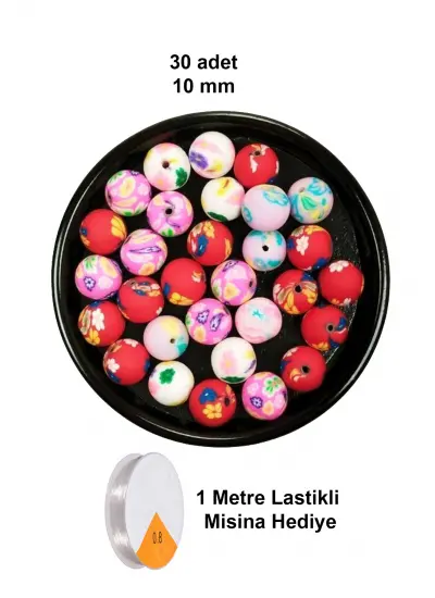 30 Adet 10 mm Polimer Kil Fimo Boncuk Takı Bileklik + 1 Metre Lastikli Misina Hediye - Desenli Yuvarlak