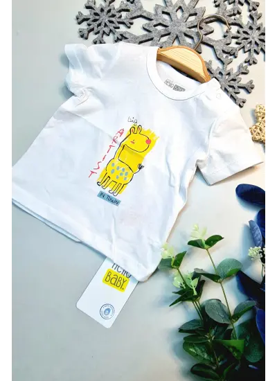 %100 Pamuk Yazlık Bebek T-Shirt Beyaz Artist Baskılı Çocuk Yarım Kollu T-Shirt