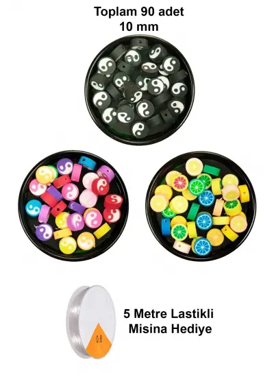 90 Adet 10 mm Polimer Kil Fimo Boncuk Takı Bileklik + 5 Metre Misina Hediye - Yin Yang - Yin Yang - Limon