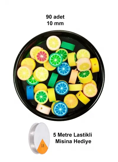 90 Adet 10 mm Polimer Kil Fimo Boncuk Takı Bileklik + 5 Metre Lastikli Misina Hediye - Renkli Limon